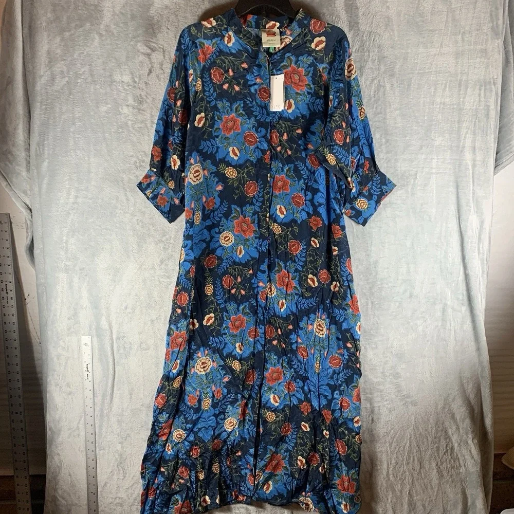 Farm Rio Women's Dress XL Arabesque Floral Blue Maxi Button Shirt‎ 3/4 Sleeve - Picture 2 of 15